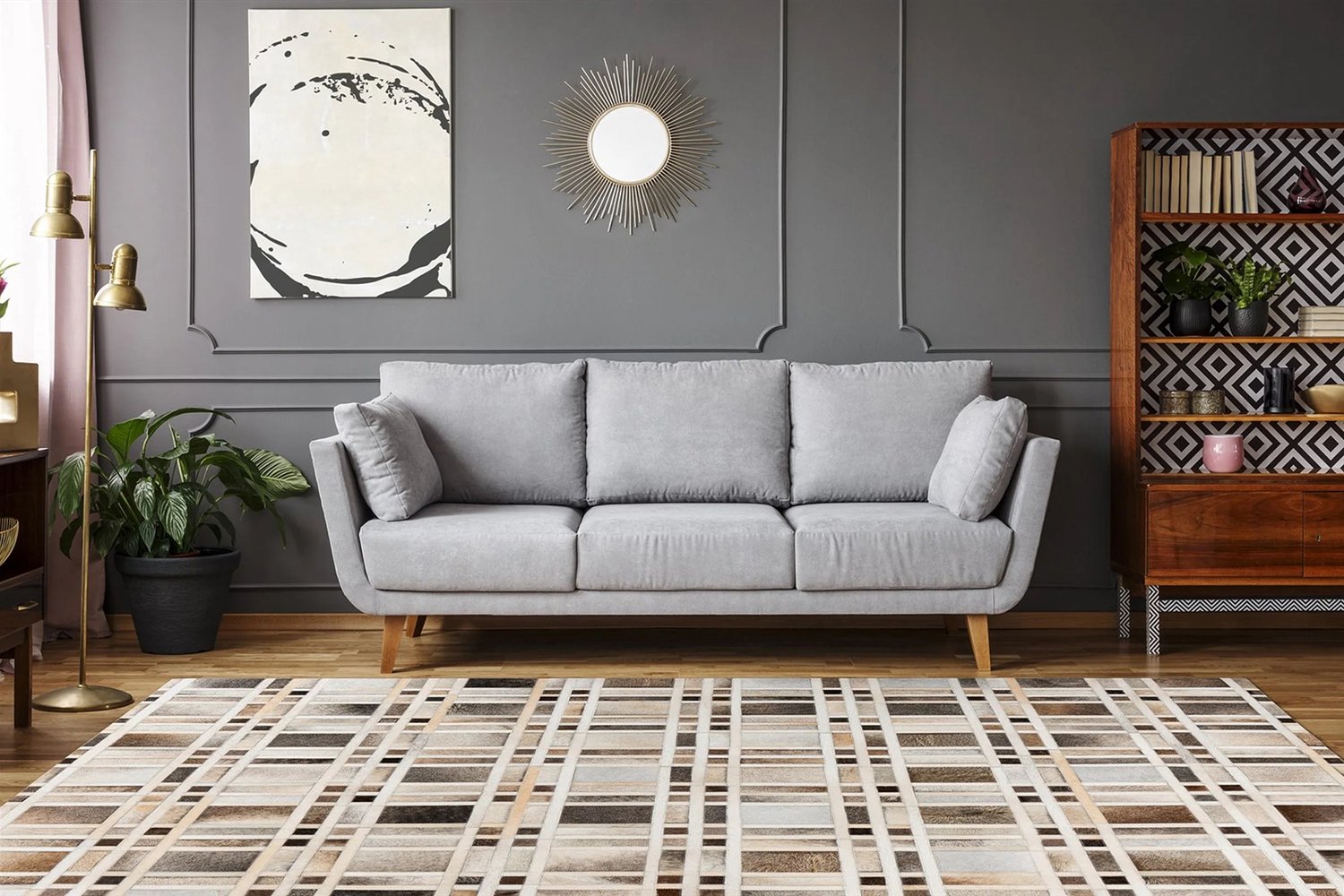 Dutch XXL Leren Vloerkleed | Tapijt | Lavin | Raster | Grijs | 80x150 cm