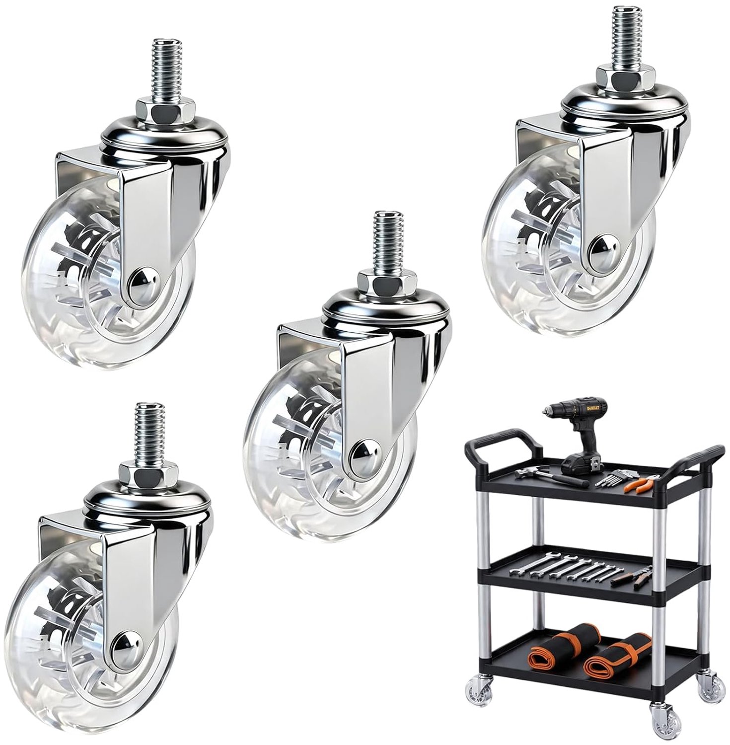 Wielen om vast te schroeven, kleine meubelwielen, zwenkwielen, klein, geschikt voor computerbureaustoelen en als reservewielen voor koffer, wielen 8 mm x 15 mm, 4 stuks