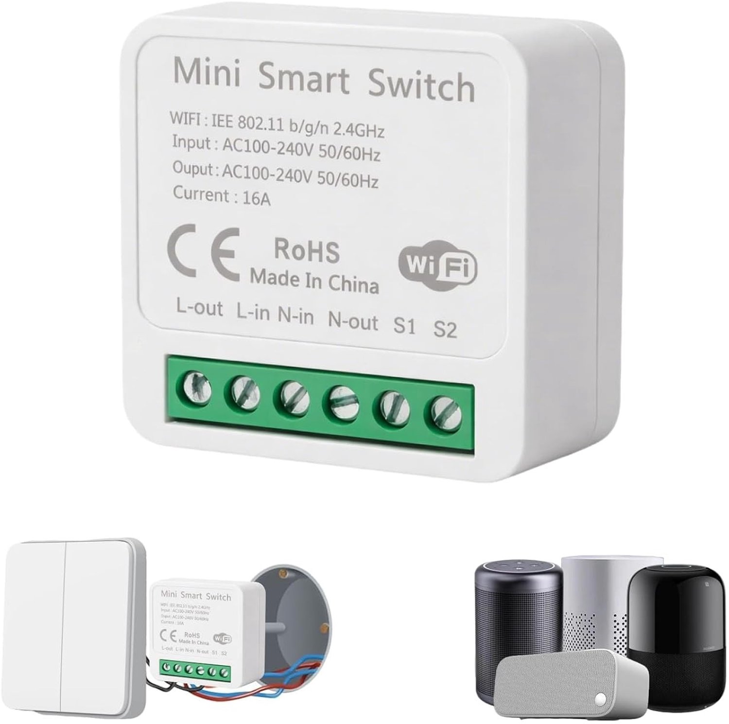 Slimme Lichtschakelaar 1-Weg/2-Weg WiFi Compatibel Mini Schakelaar voor Intelligente Controle, Geschikt voor Alexa en Google Home, Perfect voor DIY Wandbediening en Thuisautomatisering