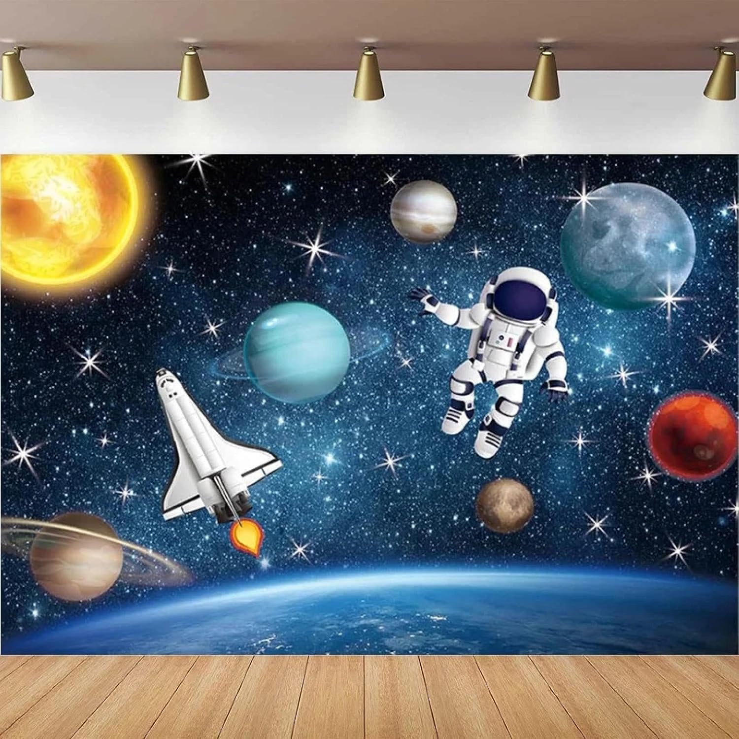 Fotografie achtergrond heelal planeet ster sterrenstelsel astronaut raket achtergrond kinderen jongen verjaardagsfeestje decor poster 300 x 200 cm