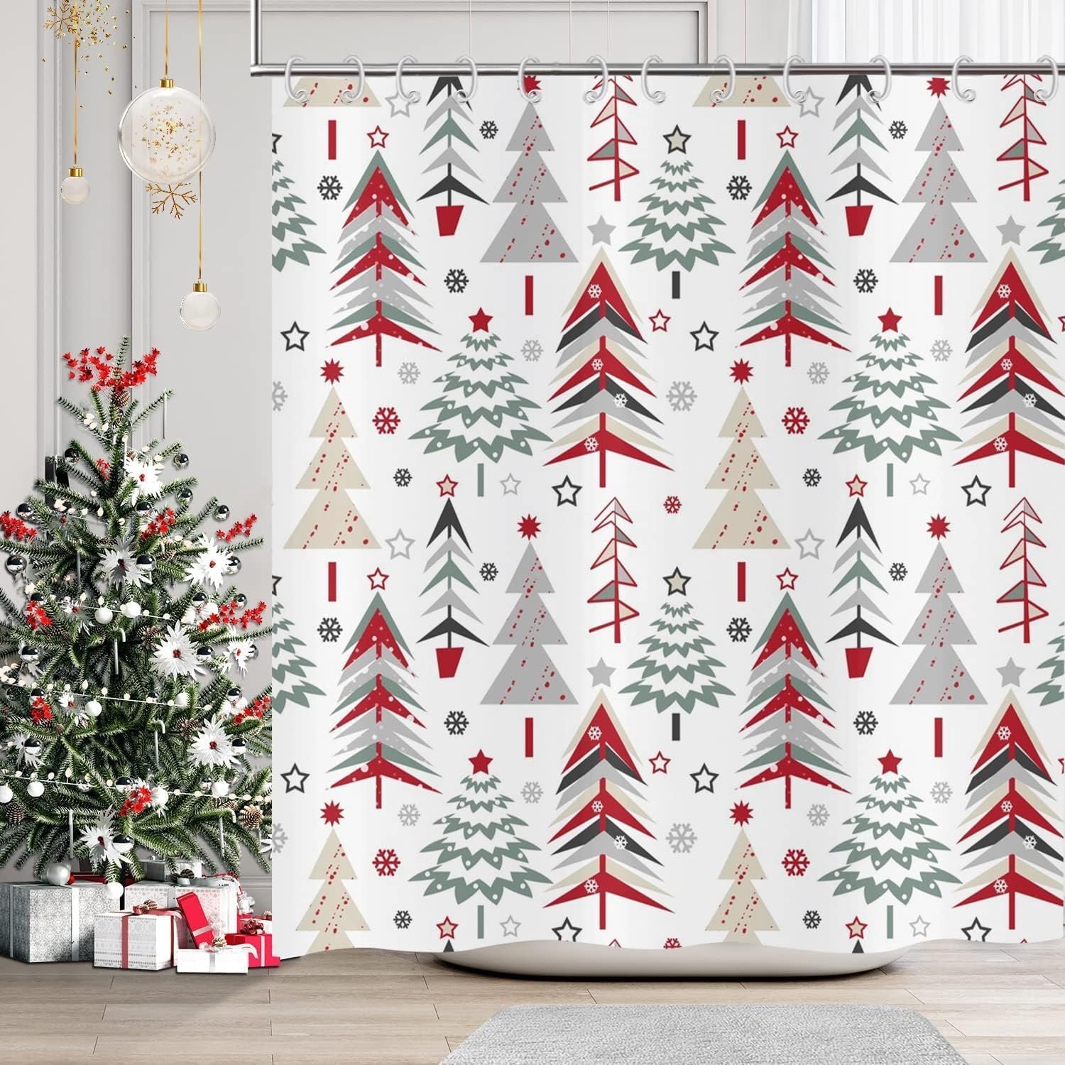 Merry Christmas Shower Curtain, Christmas Tree with Red Stars Snowflake New Year Winter Bathroom Curtain Waterproof - ShopVlot