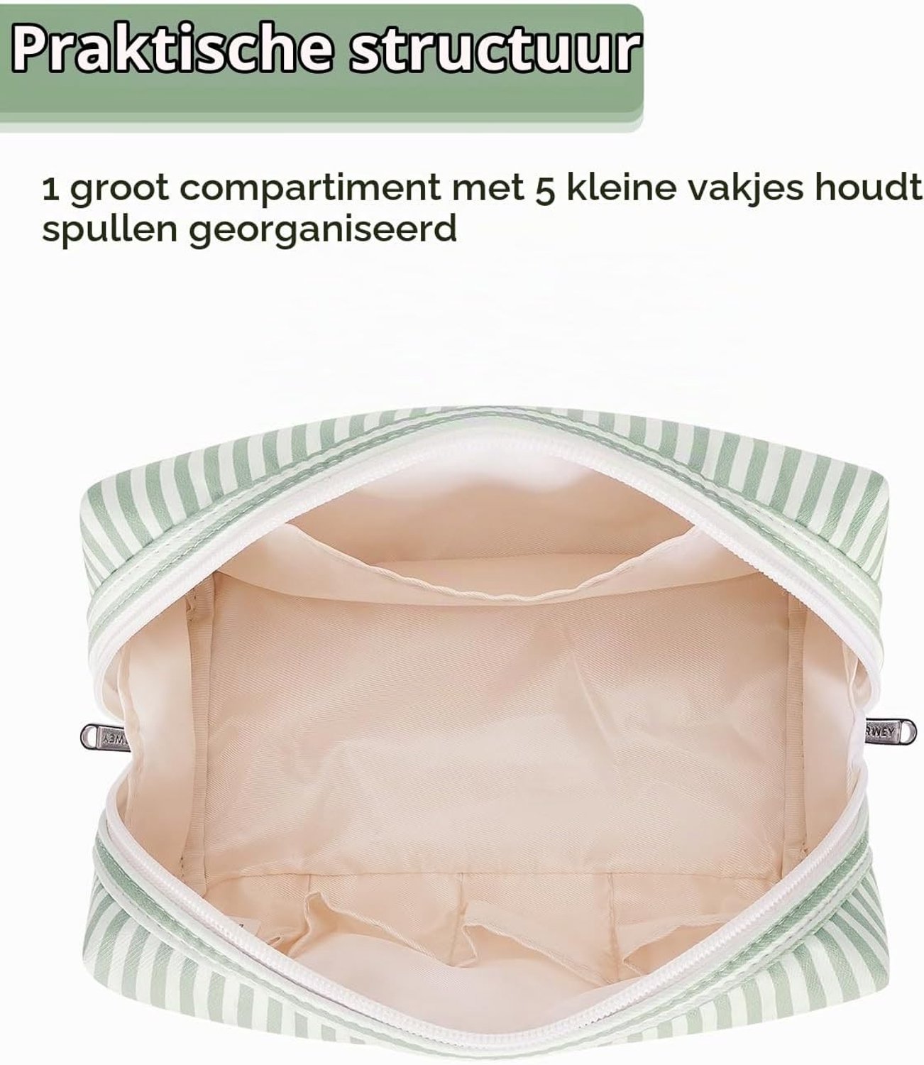 Grote Make-up Tas met Rits voor Vrouwen - Reizen, Cosmetica Organizer en Toilettas in Mintgroene Streep