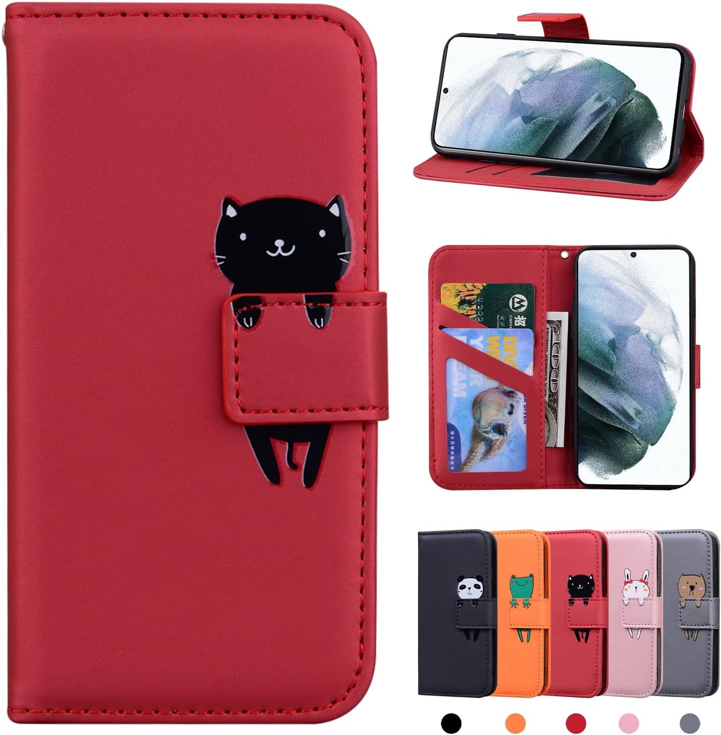 hoesje voor Samsung Galaxy S22 met schattig dierenpatroon, PU-lederen portemonnee-hoes met folio flipcover, standaard en magnetische sluiting voor Samsung Galaxy S22 - rode kat