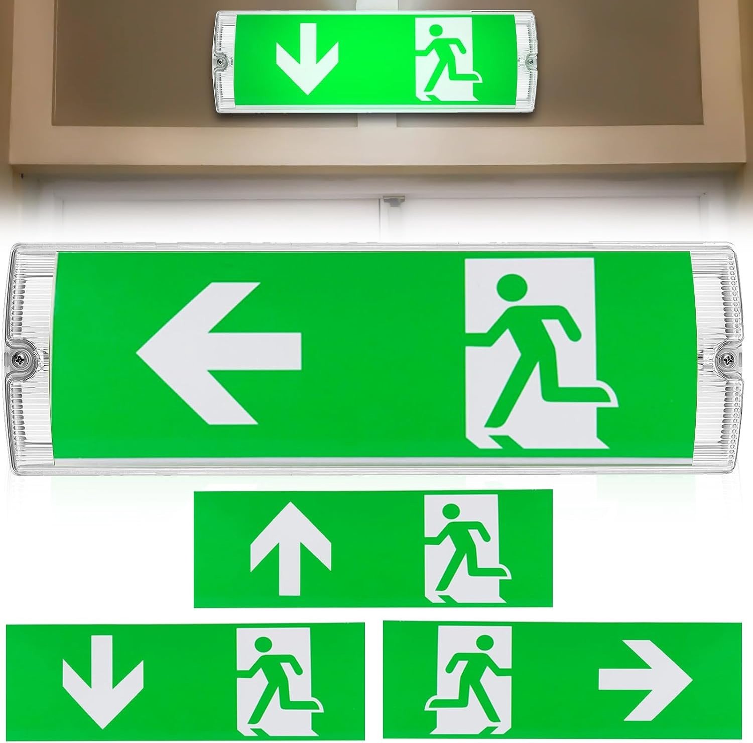Duurzame LED Noodverlichting met IP65 Bescherming, Inclusief Noodstroombatterij en 4 Nooduitgang Iconen voor Wandmontage, Veiligheid en Betrouwbaarheid in Noodgevallen