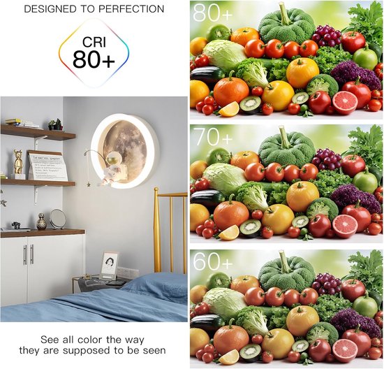 LED maan wandlamp voor kinderen, binnen, astronaut decoratie, creatieve ronde bedwandlamp,Bedrading vereist， 12W, 3000K, voor kinderkamer en slaapkamer (A: Wit) — afbeelding 2