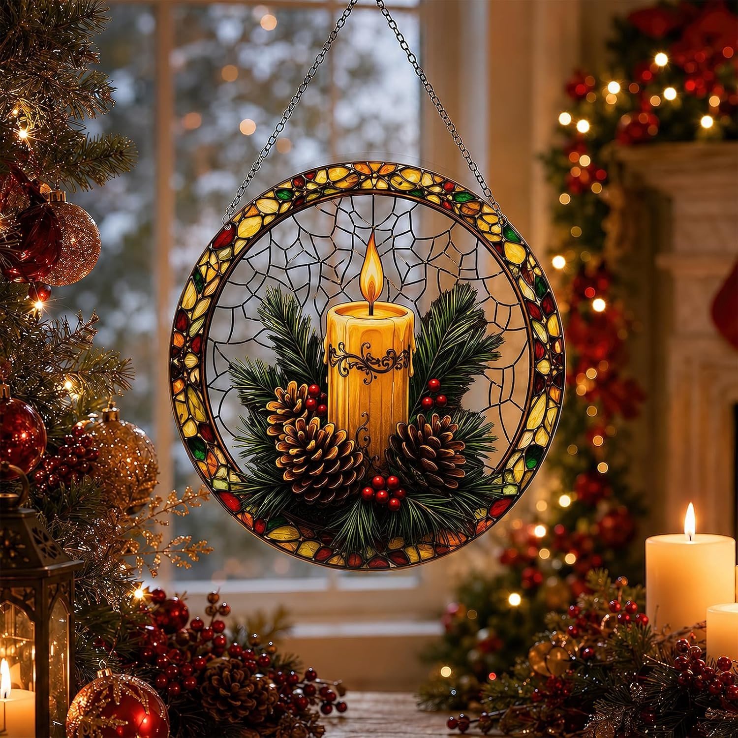 Zonnevanger voor Kerstmis - Multi-kleurig - 20 cm - Acryl met Kaars en Dennenappels - Voor Raamdecoratie