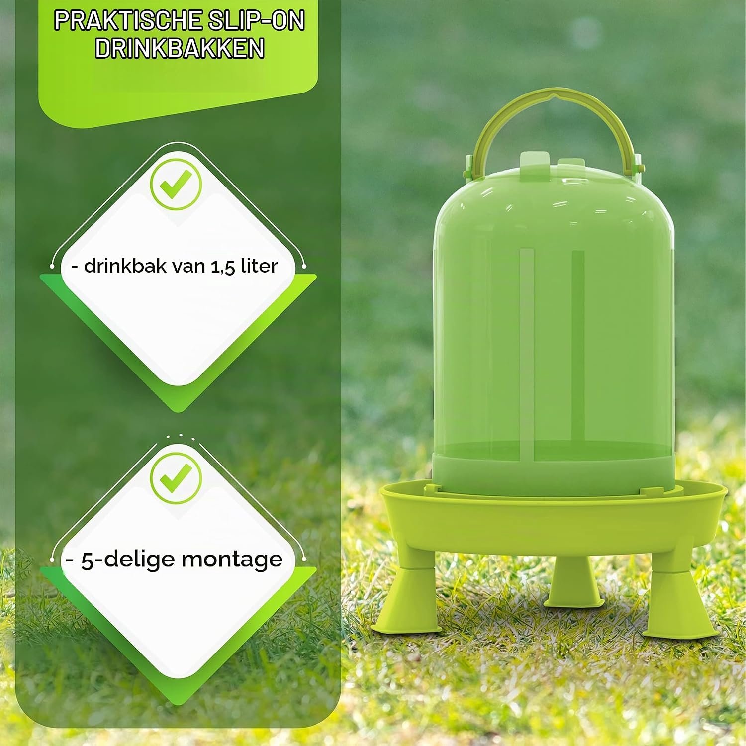Kippendrinkbak, 1,5, 3 of 5 liter, groen, verwarmbare drinkbak voor kippen, ophangbare waterdispenser, automatische waterbak, drinkbakken, kippenaccessoires, gevogelte, vogelbad (groen, 1,5 liter)