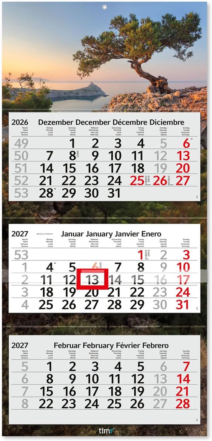Wandkalender 3 maanden 2027 - met schuifregelaar - reclamevrij - sfeervolle kerstsfeer - ShopVlot