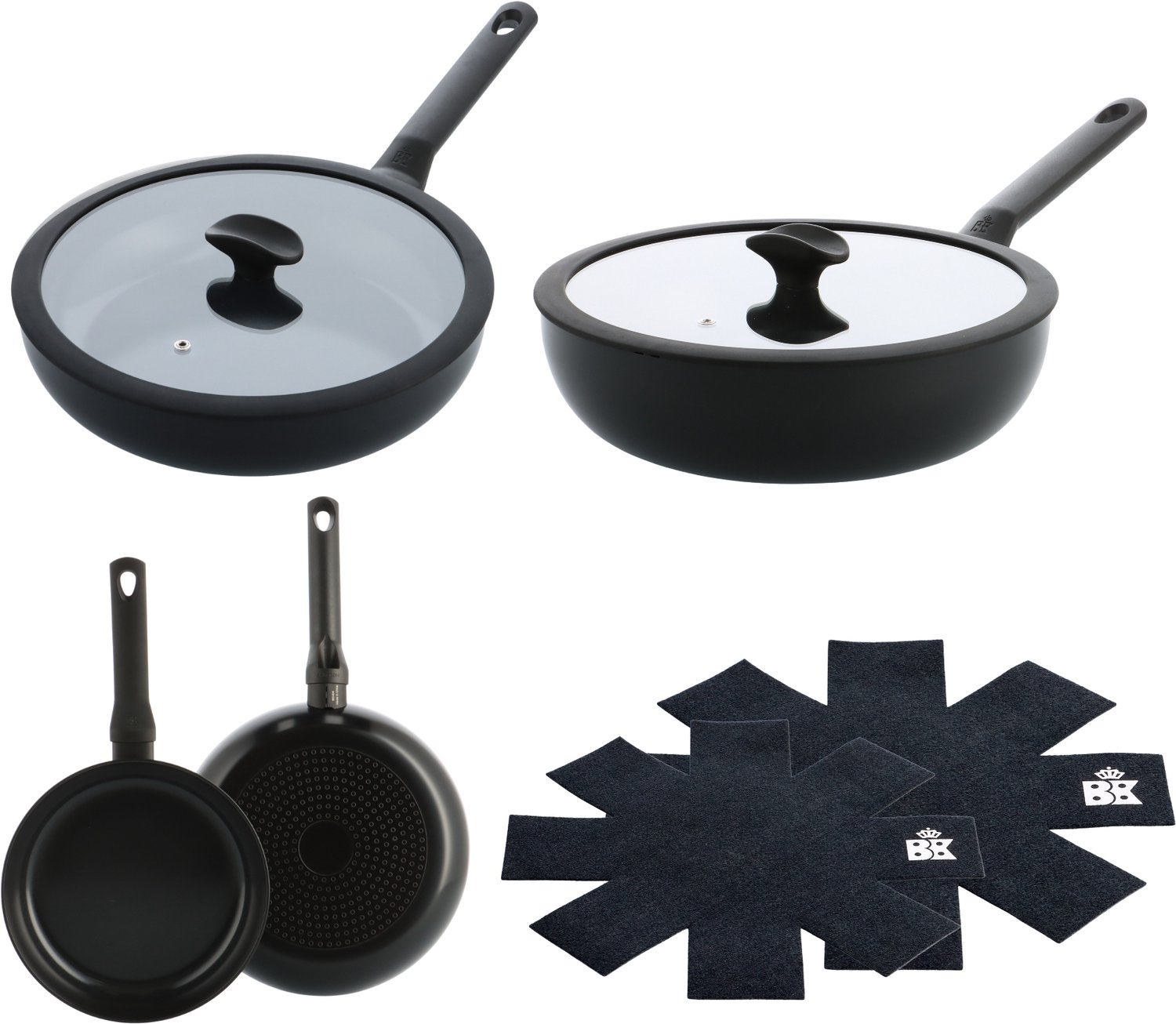 BK Enjoy Pannenset 4-delig - Koekenpan 24/28cm - Hapjespan met deksel 28cm/3.4L- Wokpan met deksel 28cm/4.2L - PFAS-vrije antikleeflaag - Pannenset inductie - Keramische pan - Ovenbestendig tot 160°C - Koudgrepen - Met Pan protectors - Zwart