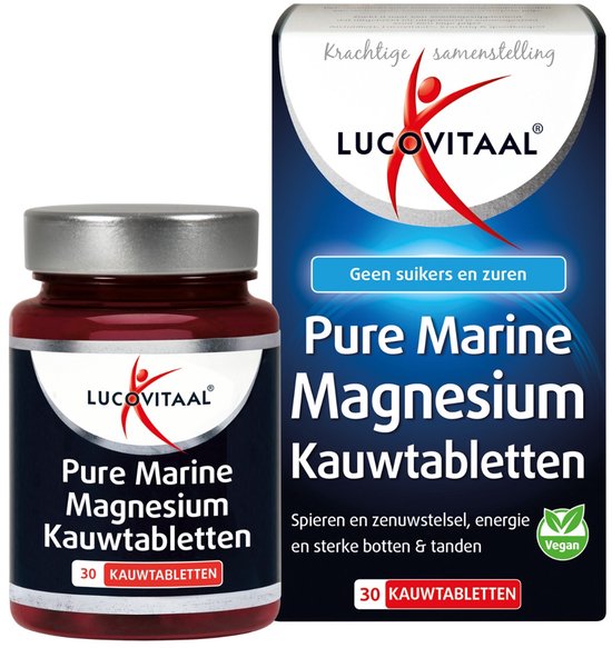 Pot en doosje van Lucovitaal Pure Marine Magnesium Kauwtabletten, met het logo en de tekst 'Geen suikers en zuren'.