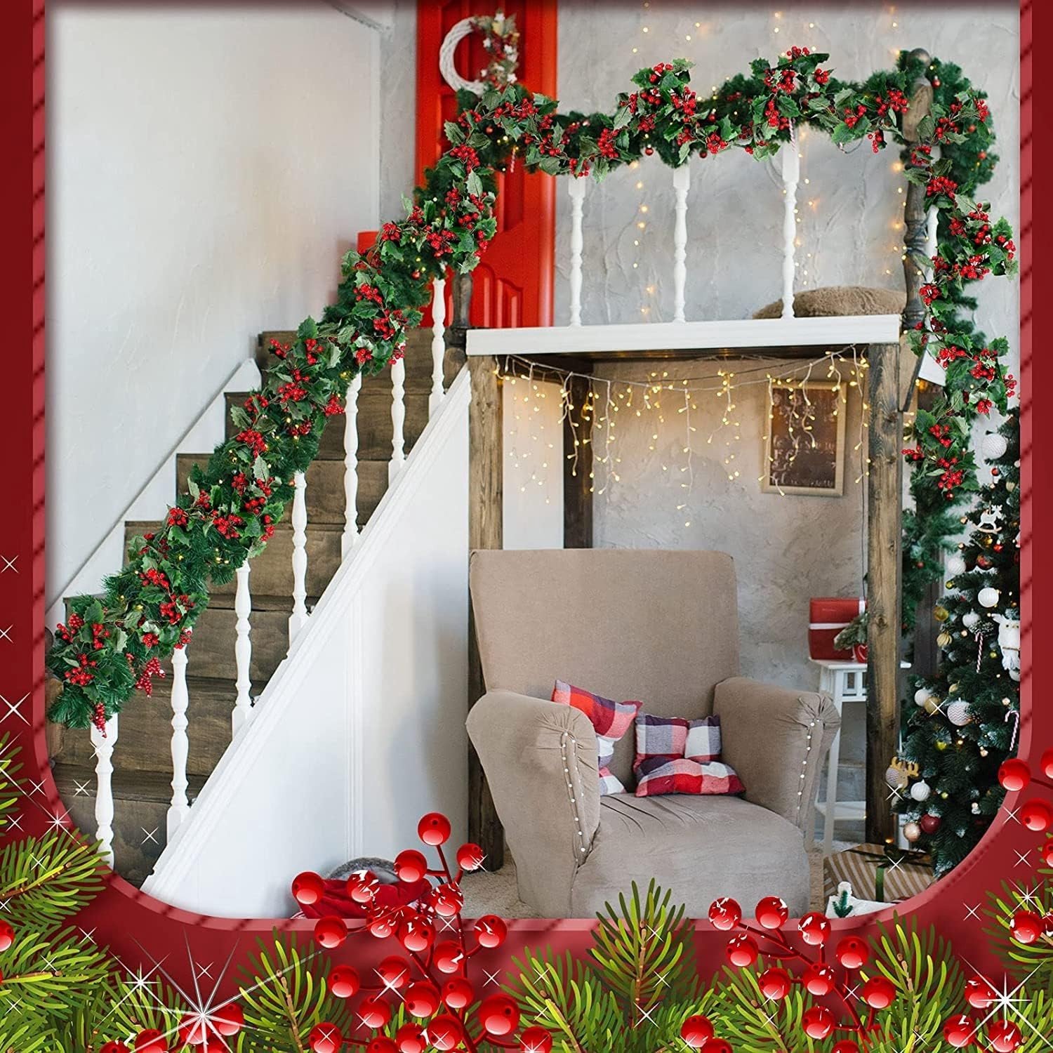 Kunstmatige Kerstguirlande van 175 cm met Rode Bessen en Hulstbladeren voor Feestelijke Winterdecoratie en Nieuwjaarsversiering – foto 7