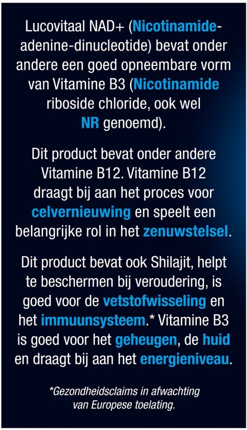 Productinformatie over Lucovitaal NAD+ capsules met vitamine B3, B12, en Shilajit. Beschrijft voordelen voor celvernieuwing, zenuwstelsel, geheugen, huid en energieniveau.