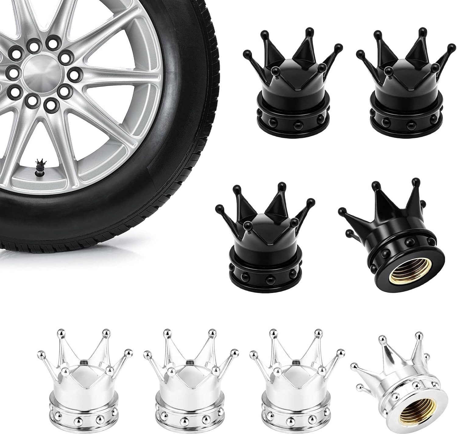 Crown Design Ventieldoppen voor Auto en Fiets, Metalen Beschermdoppen voor Banden, Universele Accessoires voor Auto en Fiets, Zwart en Zilver