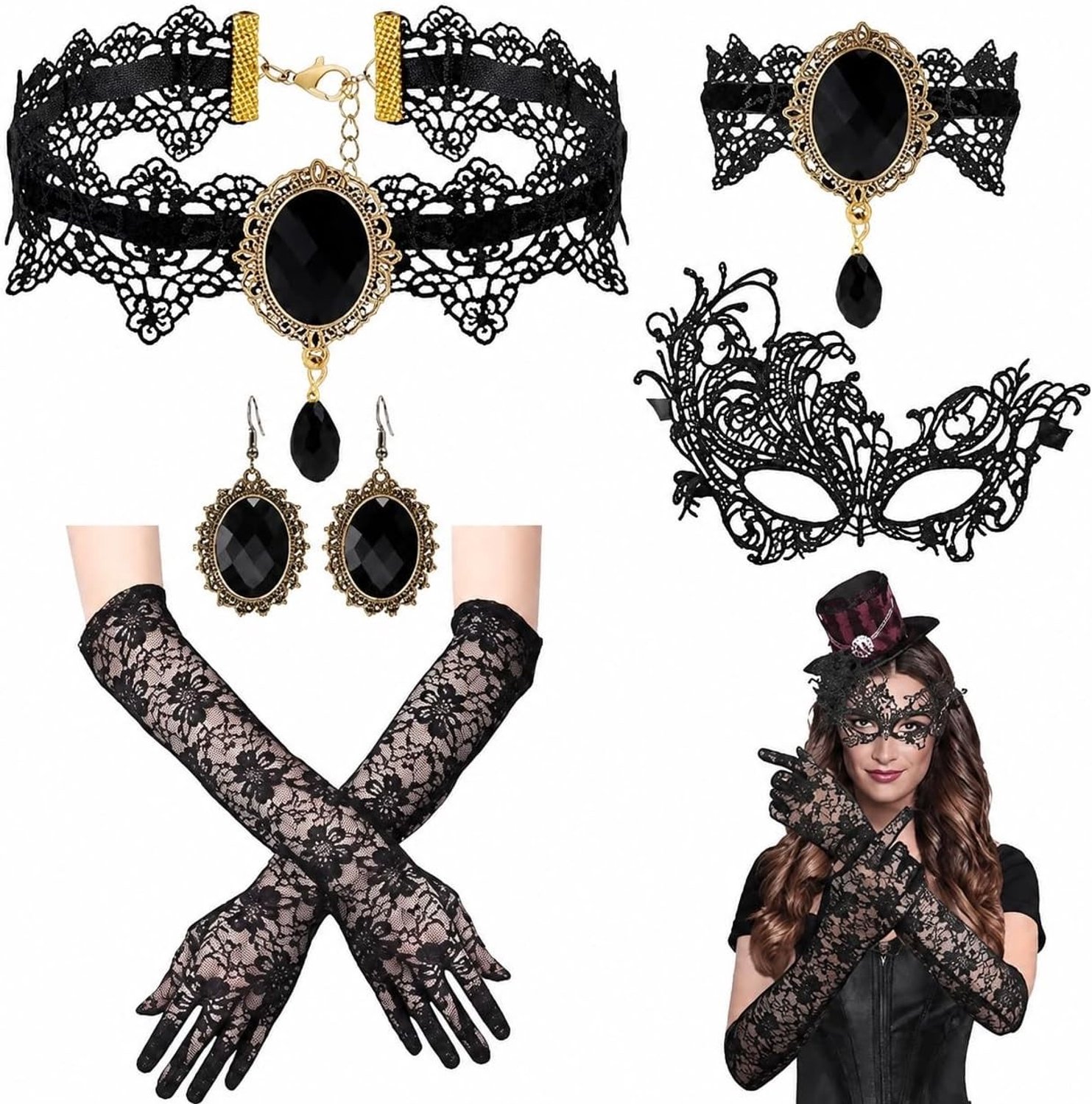 Zwarte Gothic Kostuum voor Vrouwen, 6-delig Halloween Outfit met Kanten Handschoenen, Masker en Choker voor Carnaval, Feest en Cosplay