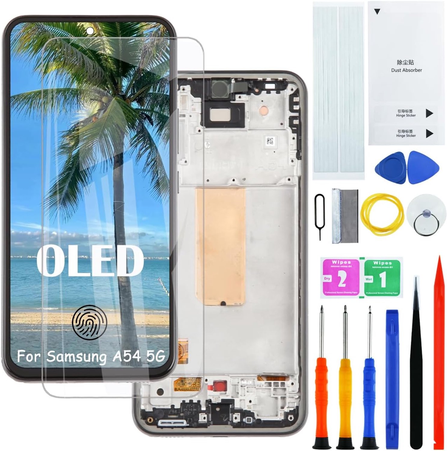 H&LYCYJ Displayscherm voor Samsung Galaxy A54 5G OLED A546V A546U A546B LCD-scherm, vervangende montageset, zwart met frame, vingerafdrukondersteuning