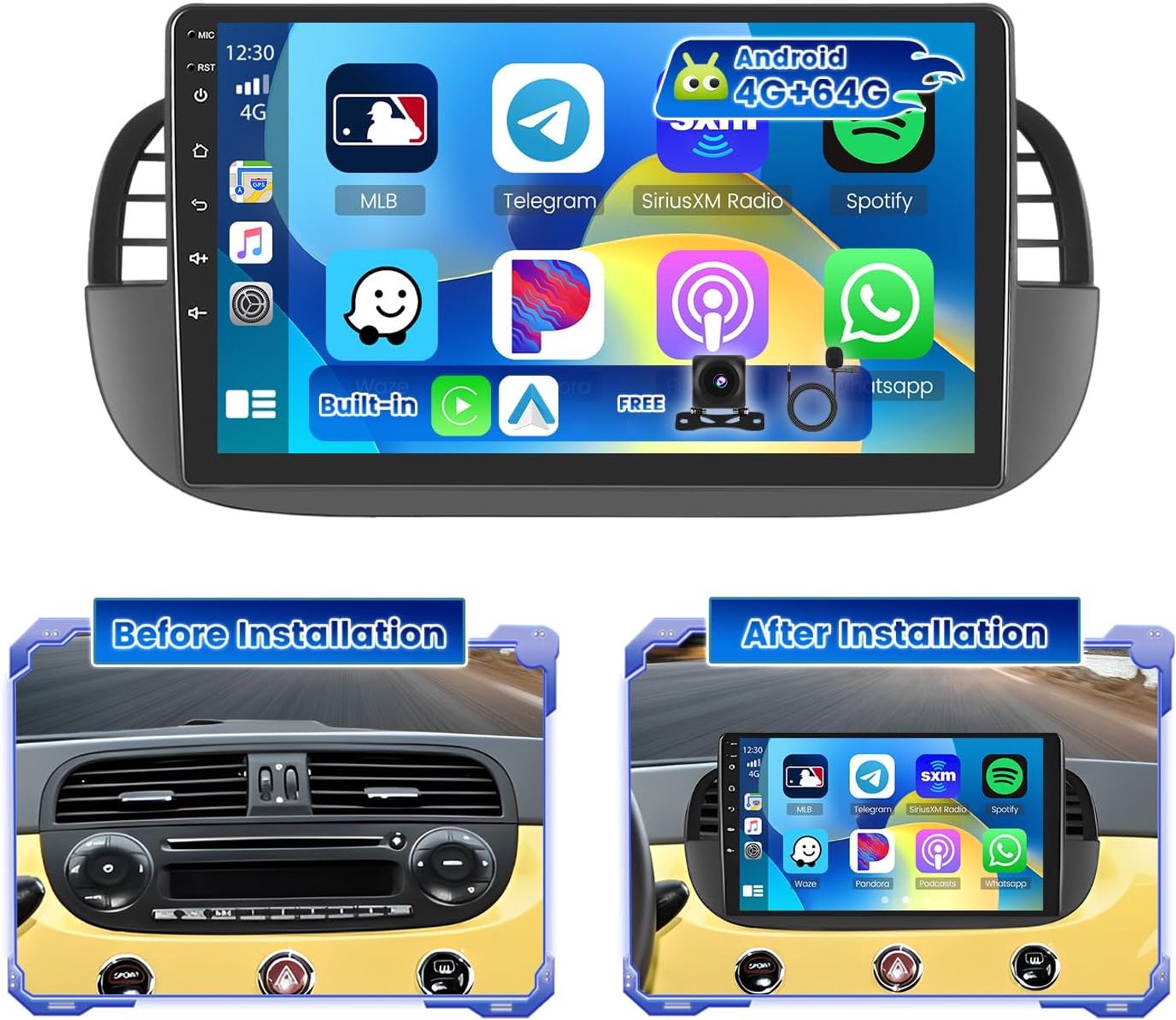 Hikity 4G+64G Android 15 Autoradio voor Fiat 500 2007-2015 met 9 inch touchscreen, 2 DIN stereo met draadloze CarPlay Android Auto Radio FM/RDS BT GPS WiFi SWC Mirror Link + Camera + MIC