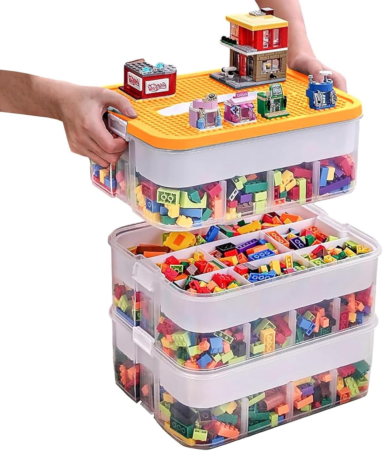Kinderopbergdoos met deksel voor Lego-bouwstenen, 3 niveaus opbergdozen voor Lego, stapelbare kunststof opslag, transparant met vakken voor het opbergen van kinderspeelgoed