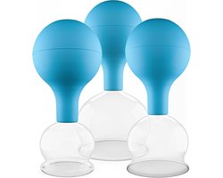 Pulox Set cuppingsglazen van echt glas met zuignap, 3 x medisch cuppingglas in blauw, 40 mm, 52 mm, 62 mm