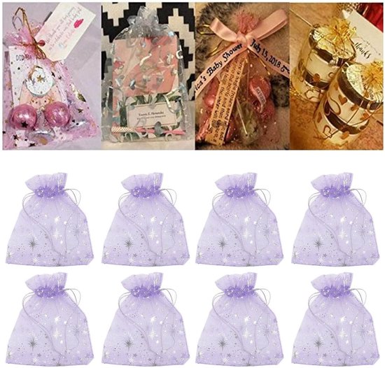 50 stuks 4 tot 6 inch sterpatroon pure organza zakjes met trekkoord, transparante gaas geschenkzakjes met satijnen snaren voor bruiloft sieraden snoep zeep cosmetische verpakking (Paars) — afbeelding 4
