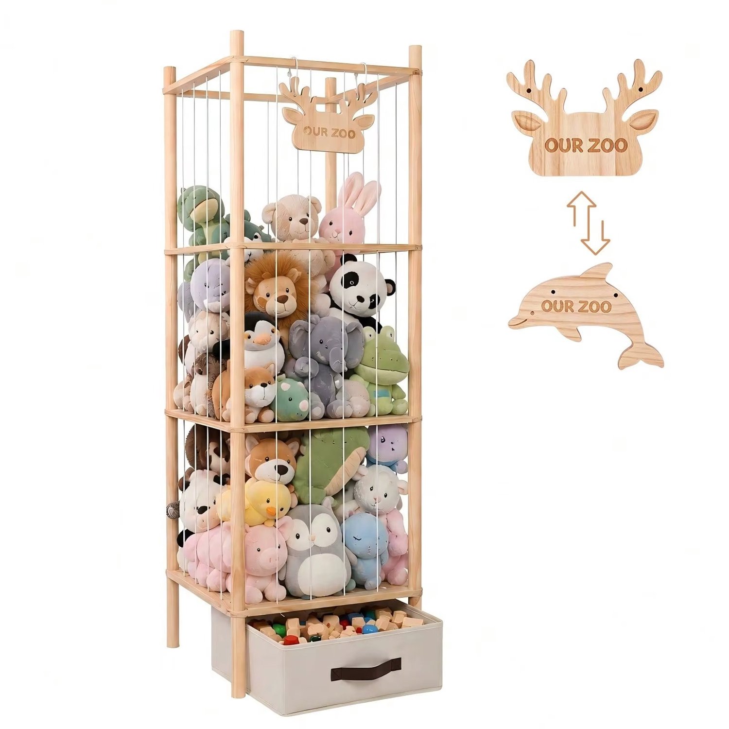 CreateEcom organizer - opbergrek - kinderkamer decoratie - Opbergorganizer voor knuffels - grote pluche dierenkooi met optionele opbergbox onderaan & verwisselbare naamplaatjes - ruimtebesparende verticale houder voor kinderkamer - 40 cm breed
