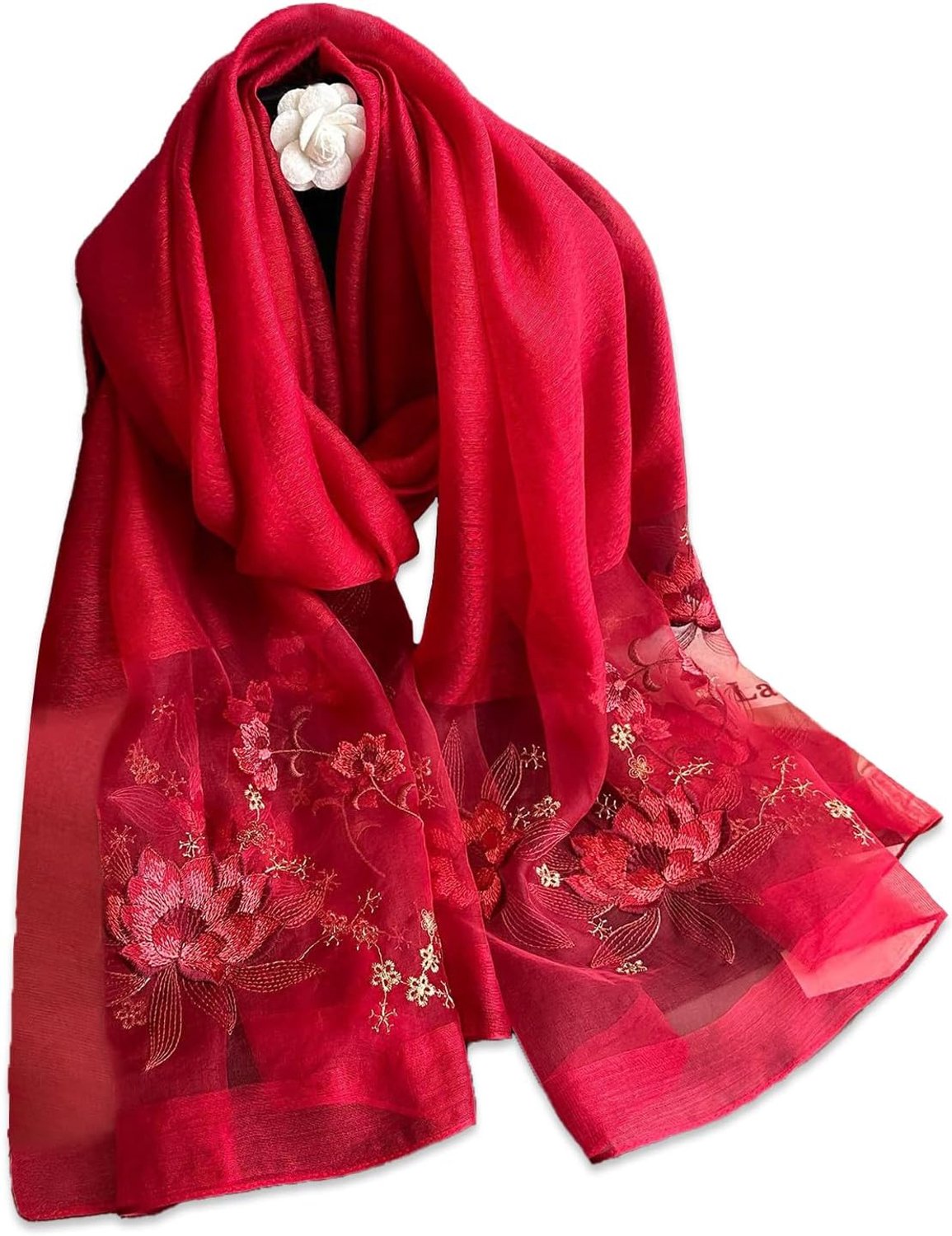 LumiSyne Silk scarf chiffon scarf women's delicate roses embroidery transparent tulle light soft long neckerchiefs sun - ShopVlot