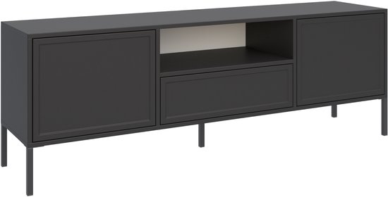 Zwart tv-meubel met twee deuren, een lade en een open nis, staand op dunne pootjes.