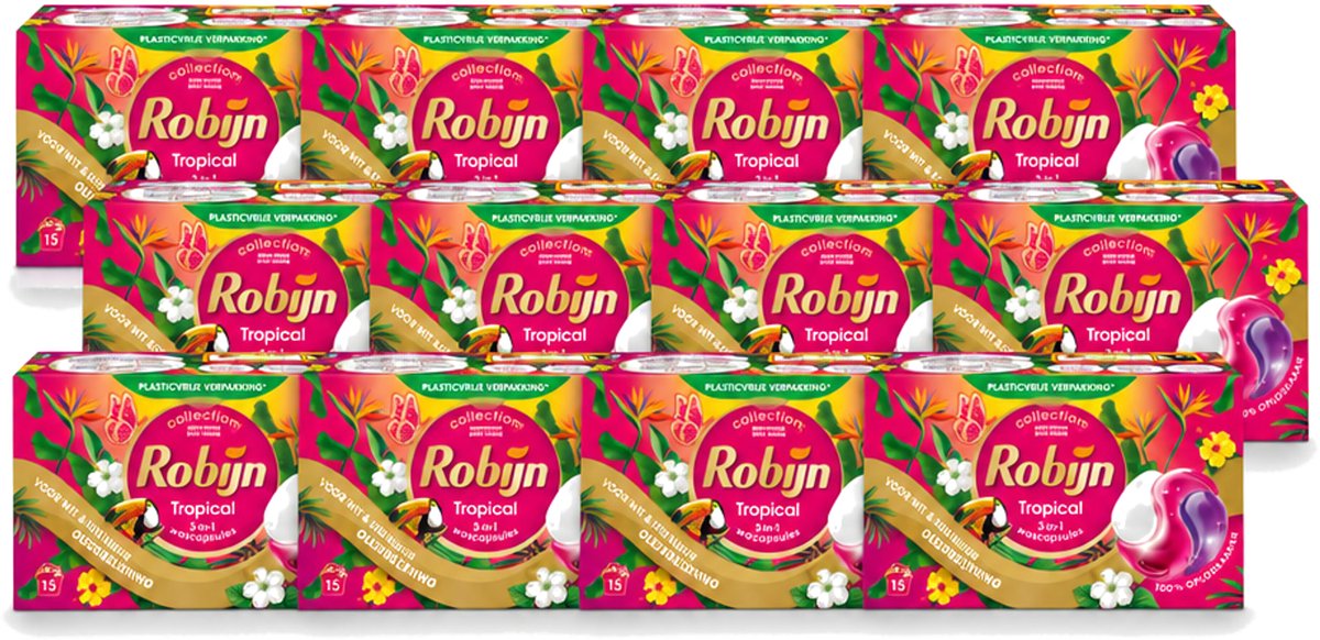 12 x Robijn - 3-in-1 Tropical - Wascapsules - 15 Wasbeurten - Voordeelverpakking - 12 stuks