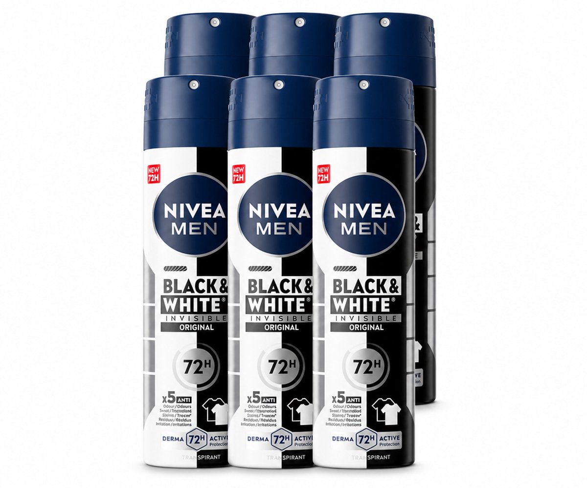 6 x NIVEA MEN – Deodorant spray – Invisible for Black & White – 150 ml - Voordeelverpakking - 6 stuks