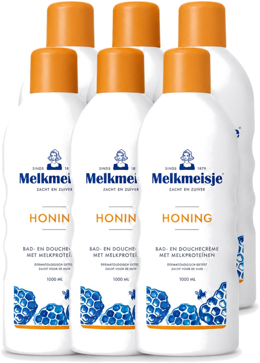 6 x Melkmeisje – Bad & Douche – Honing – 1000 ml - Voordeelverpakking - 6 stuks
