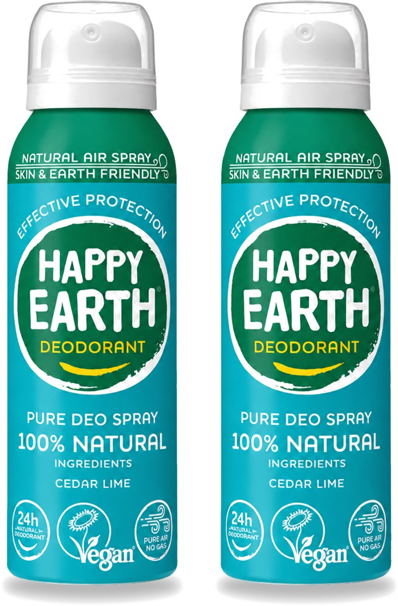 2 x Happy Earth – Deodorant Natural Air Spray – 100% Natuurlijk Cedar Lime – 100 ml - Voordeelverpakking - 2 stuks
