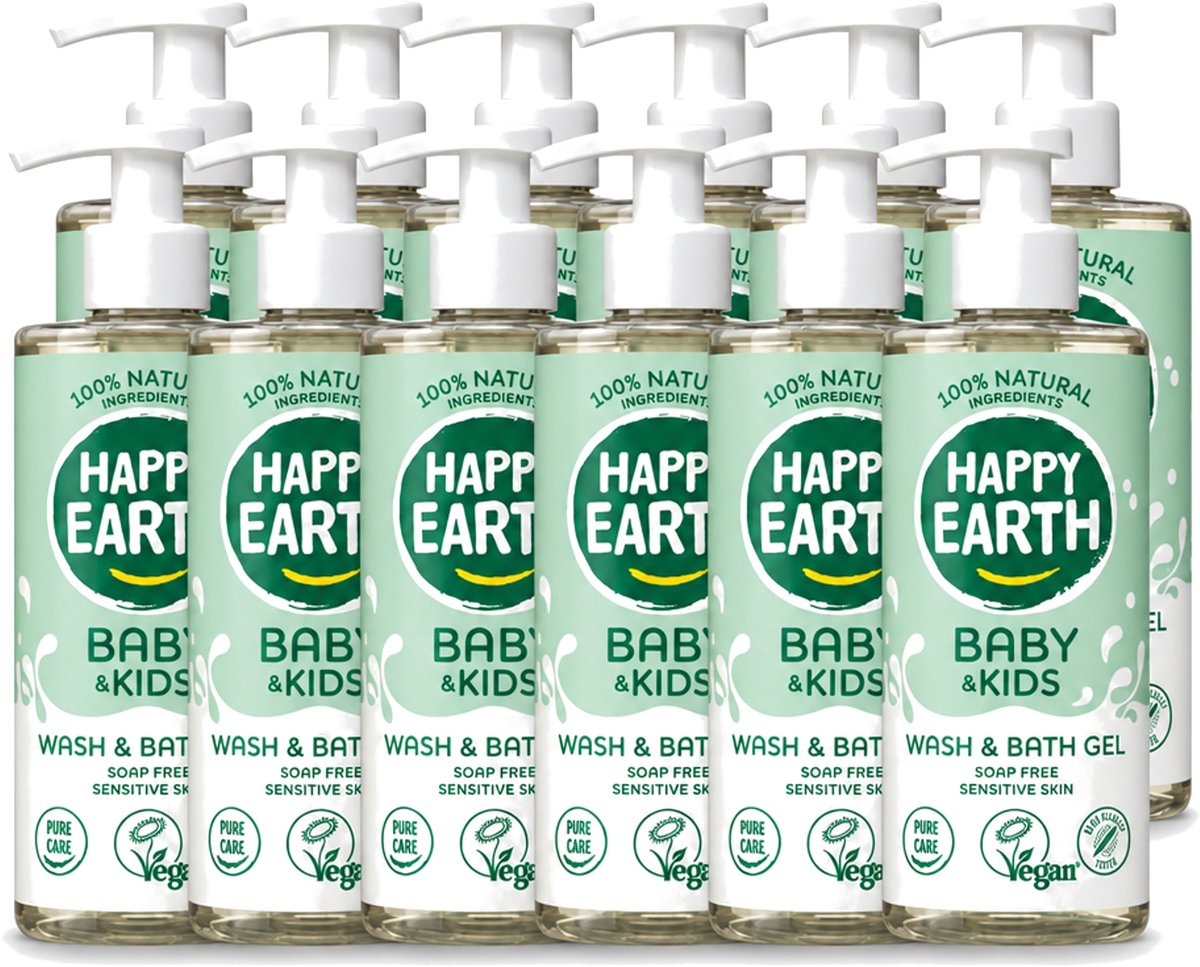 12 x Happy Earth – Was & Badgel – Zeepvrij Baby & Kids – 300 ml - Voordeelverpakking - 12 stuks