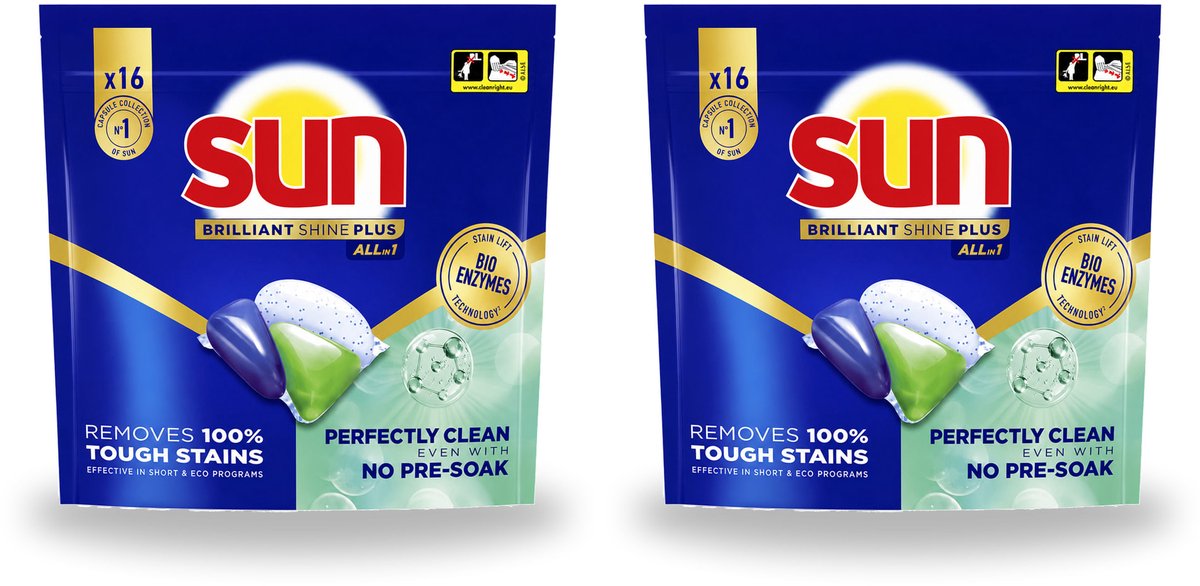 2 x Sun – Vaatwascapsules – Brilliant Shine+ All-in-1 – 16 capsules - Voordeelverpakking - 2 stuks