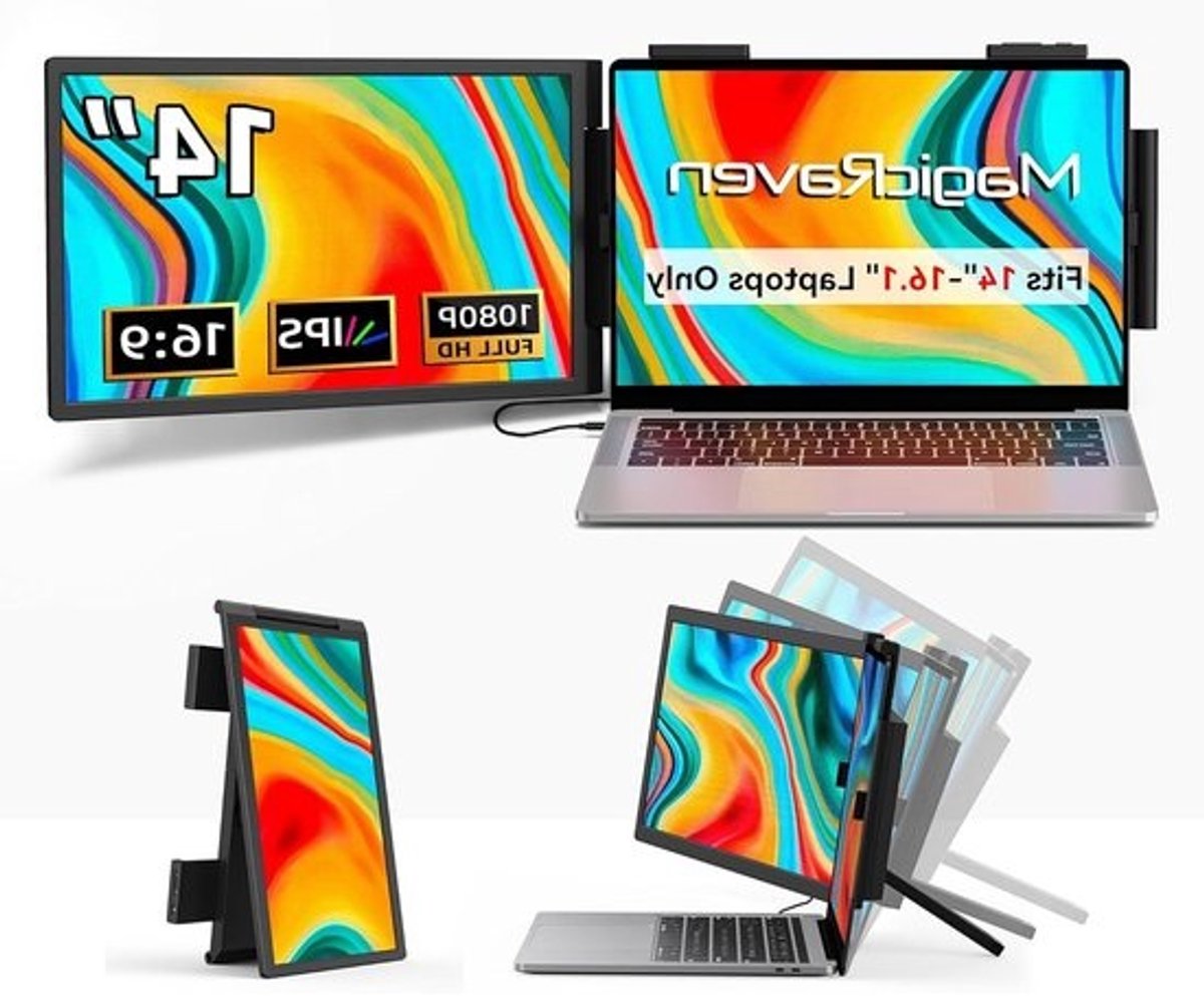 Laptop-schermextender - Draagbare monitor - Voor meer productiviteit - IPS FHD-beeldkwaliteit - 14 inch - Zwart