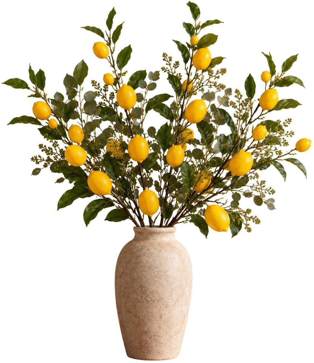Mica Decorations Kunstplant takken Lemons - 4x - H104 cm - groen/geel - kunststof - lange siertakken - fruit - citroenen - citrus