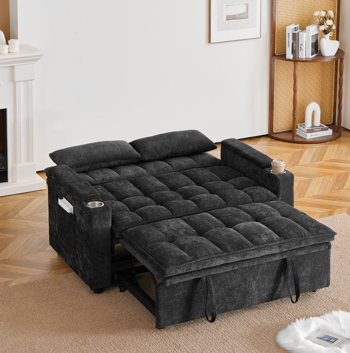 STILVORA Slaapbank 142 Cm - Drie-in-één Met Ligfunctie, Opbergruimte En Bekerhouders - Voor Woonkamer En Logeerkamer - Chenille Zwart