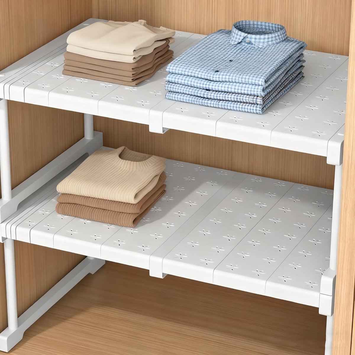 Stackable Cabinet Organizer, Adjustable Shelf System No Drilling, White Metal Frame for Wardrobe, Kitchen - ShopVlot