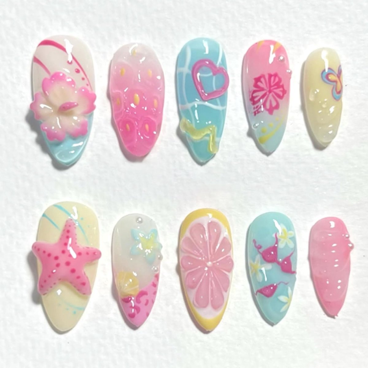 Valse nagels set - medium amandelvorm - 24 stuks met zomerprint - 3D zeester ontwerpen, ideaal voor zomerse look - ShopVlot