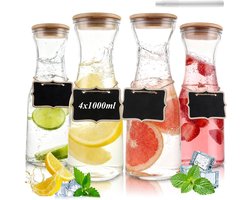 4Pcs Glass Water Bottle 1000ml, Water Carafe Wooden Cap with Label, Transparent Bottle for Fridge Table Juice Milk Tea - ShopVlot