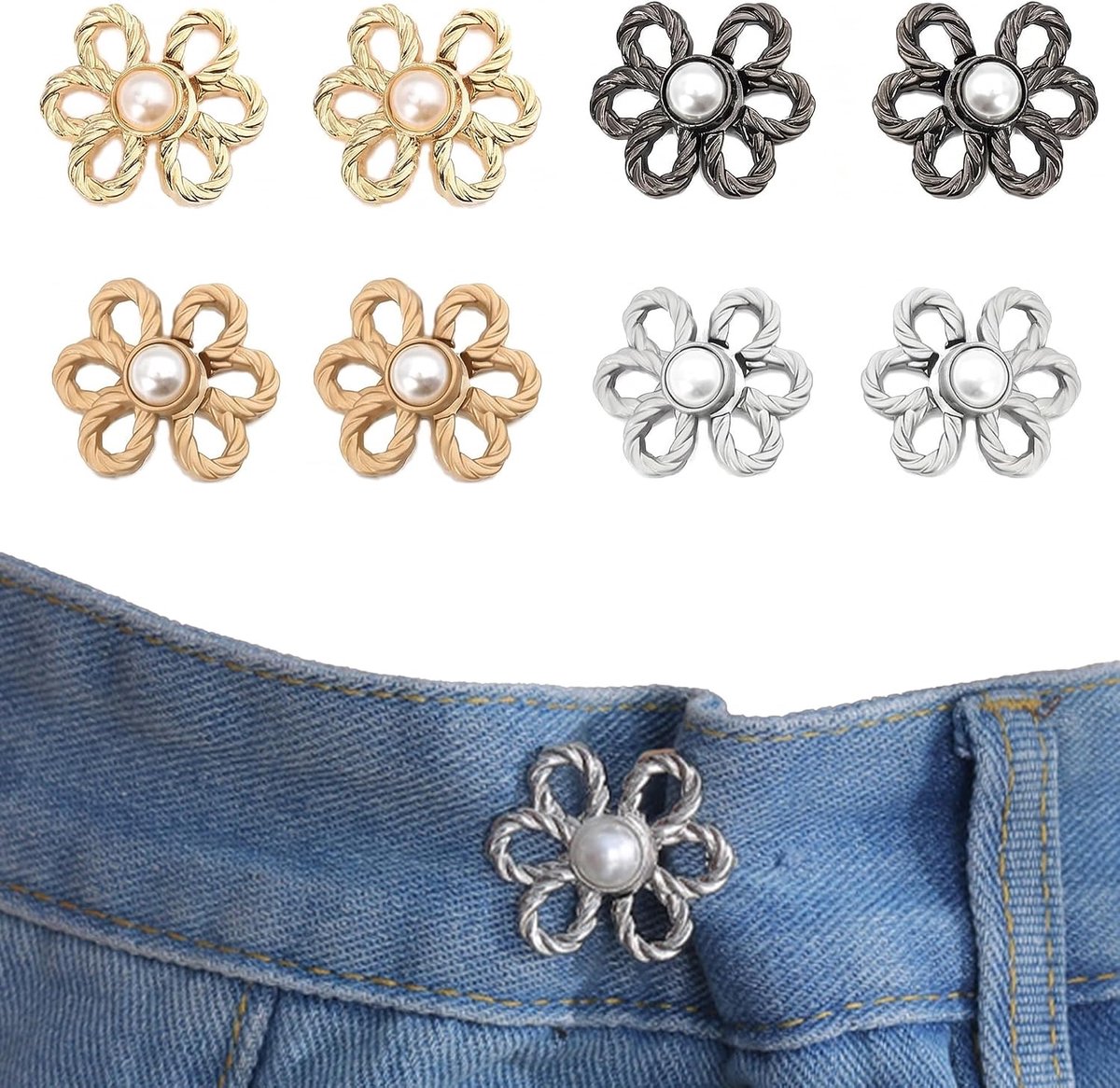 Set van 8 verstelbare broekknoopjes met bloemmotief, clip-on taillebandverstellers, gemaakt van metaal en ABS, voor jeans en kleding voor volwassenen
