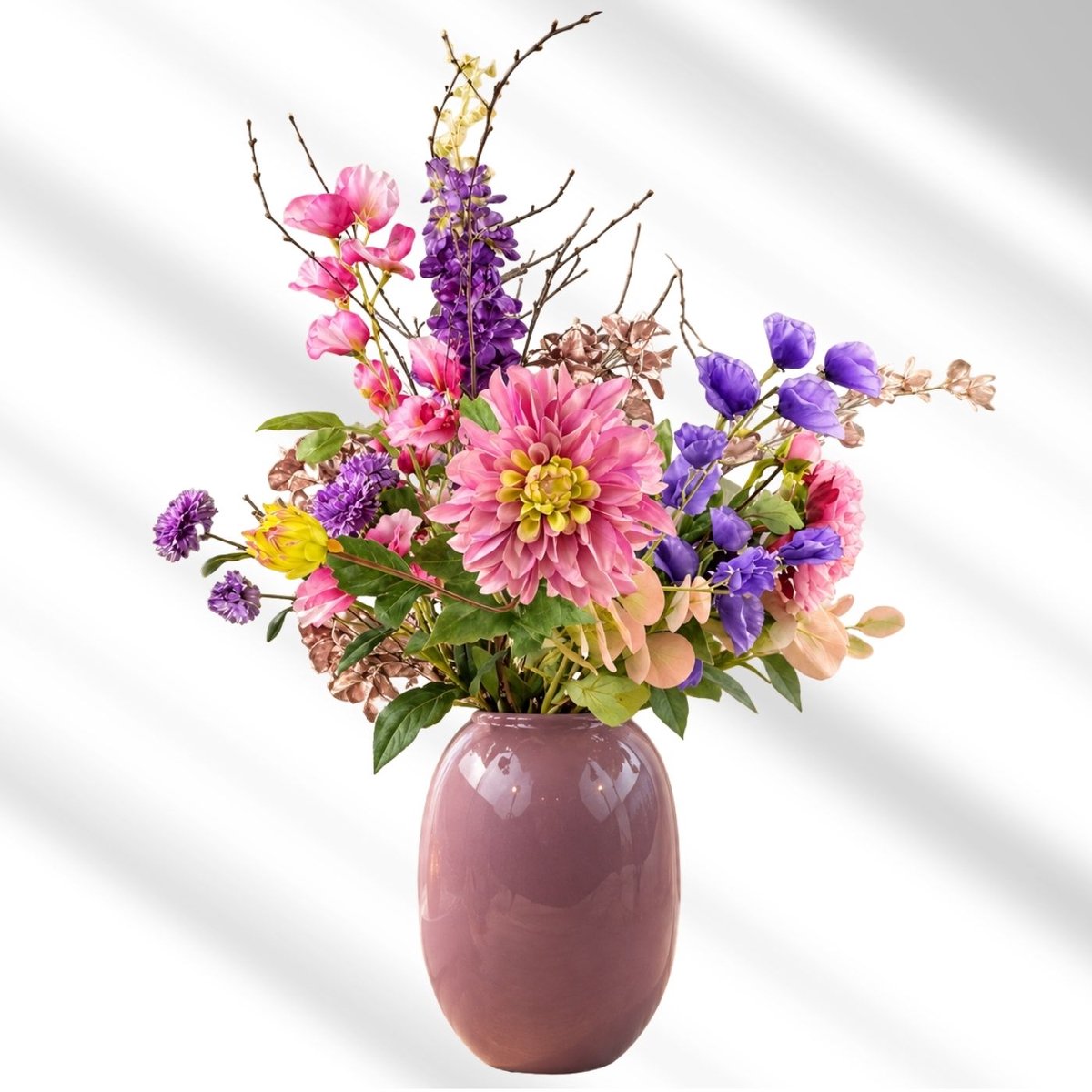 Bloemboetiek Blush & Bloom – Kunstbloemen – Bloemen – Zijden bloemen boeket – Luxe kunstbloemen plukboeket – Lichtroze, Roze, Paars – 65 cm – 10 stelen – Vaas niet inbegrepen