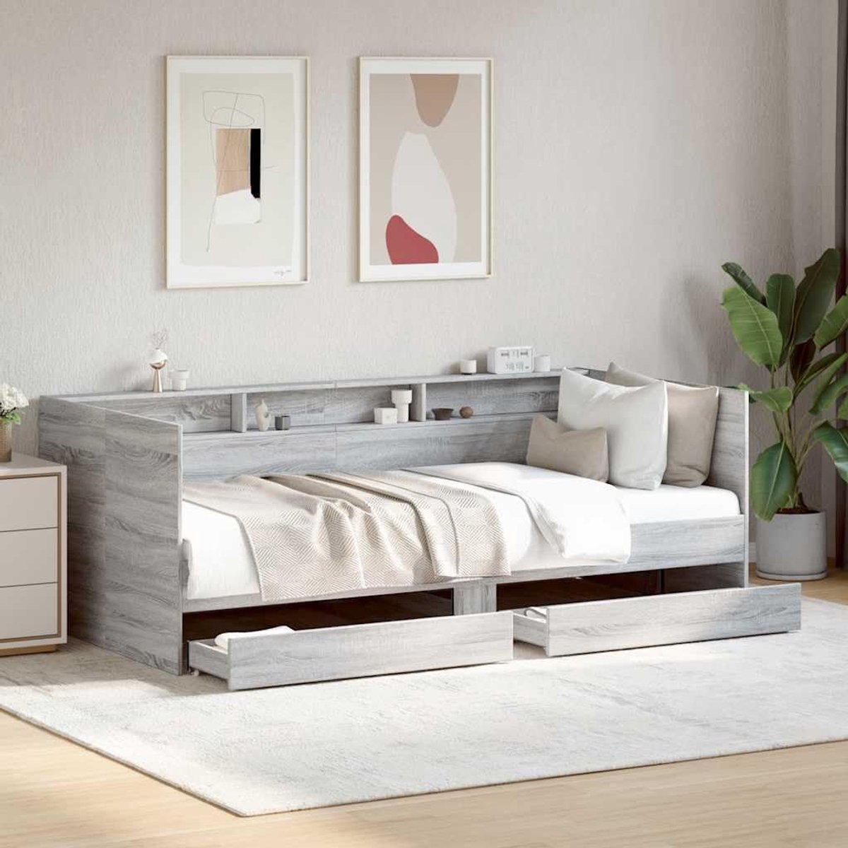 2 in 1 opbergbank met lades logeerbed grijs 75x190 cm