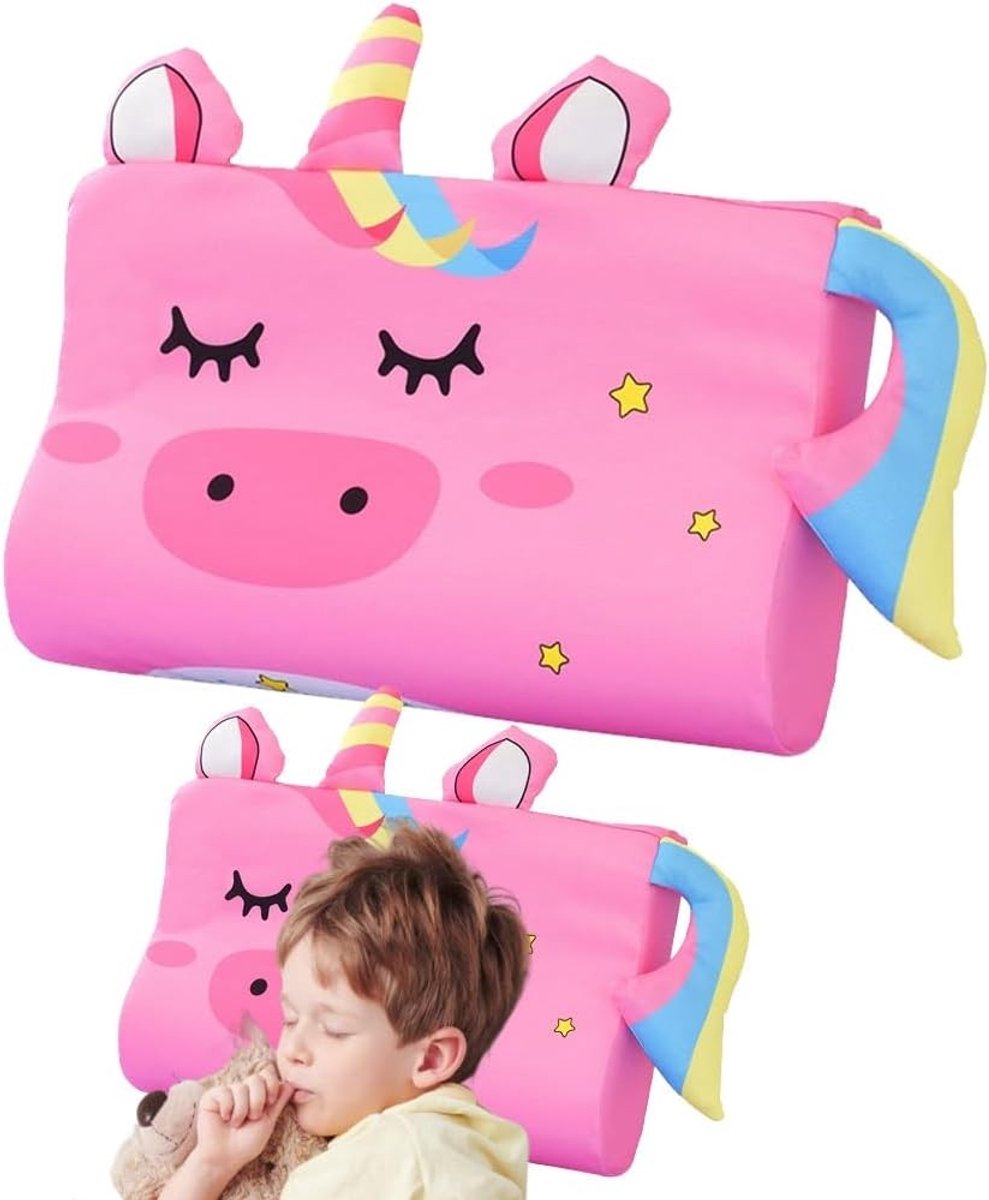 Ergonomisch Kinderslaapkussen 46 x 26 cm, Uniek Hoofdkussen met Neksteun, Anti-Snurk Kussen en Afneembare Hoes met Eenhoorns