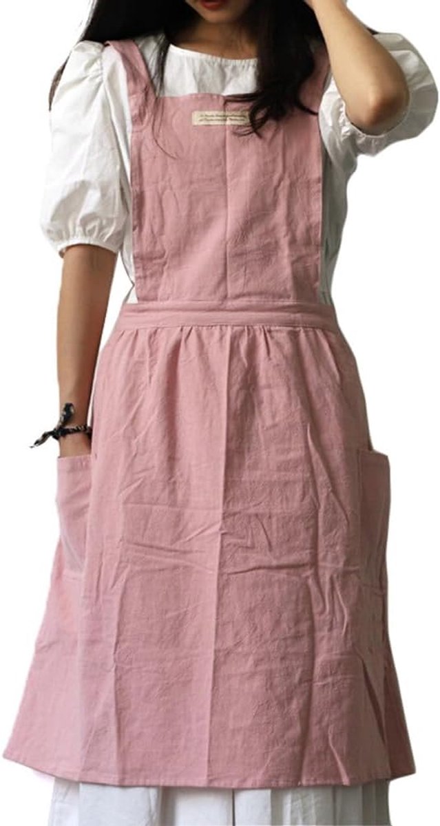 Women Artist Apron For Painting Coffee House Cotton Linen Cross Back Aprons With Side Pockets Cooking Kitchen Apron - ShopVlot
