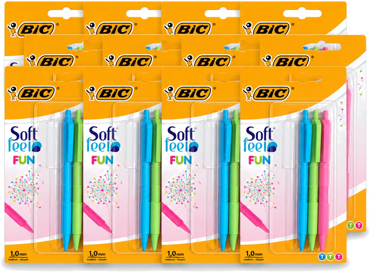 12 x BIC - Balpennen - Lichtgroen, Lichtblauw & Roze - Intrekbaar - 3 Balpennen - Voordeelverpakking - 12 stuks
