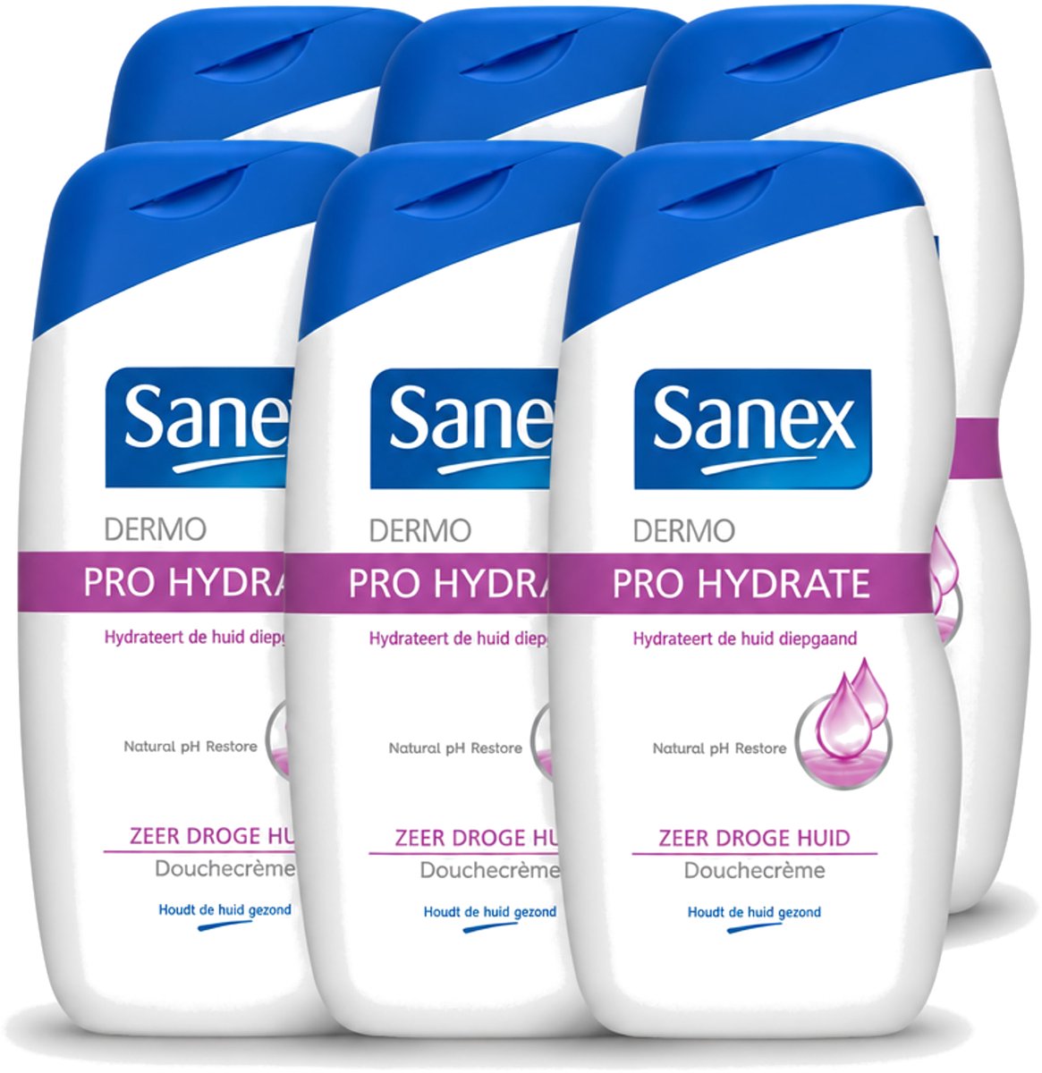 6 x Sanex Dermo - Pro Hydraterend - Douchecrème - Zeer Droge Huid - 500 ml - Voordeelverpakking - 6 stuks