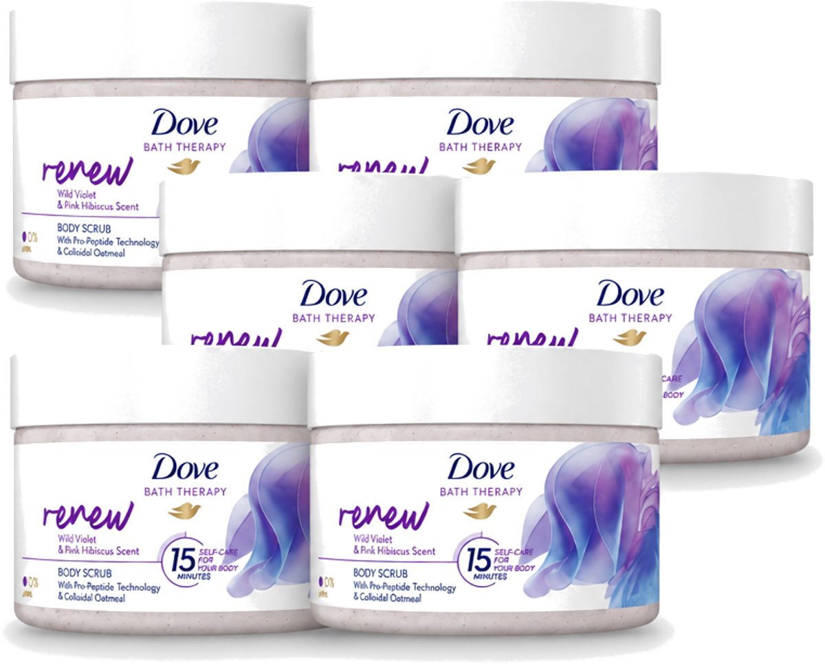 6 x Dove Bath Therapy Renew - Bodyscrub - Wilde Viooltjes & Roze Hibiscus - 295 ml - Voordeelverpakking - 6 stuks