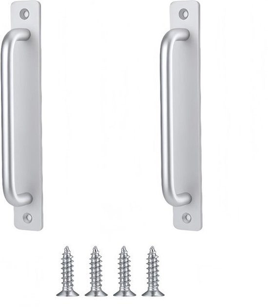 Twee zilverkleurige aluminium deurgrepen met vier bijpassende schroeven.