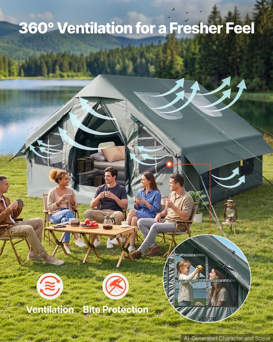 Groene VEVOR familietent met 5 personen buiten, genietend van het uitzicht op het meer. Ventilatiedetails zichtbaar.