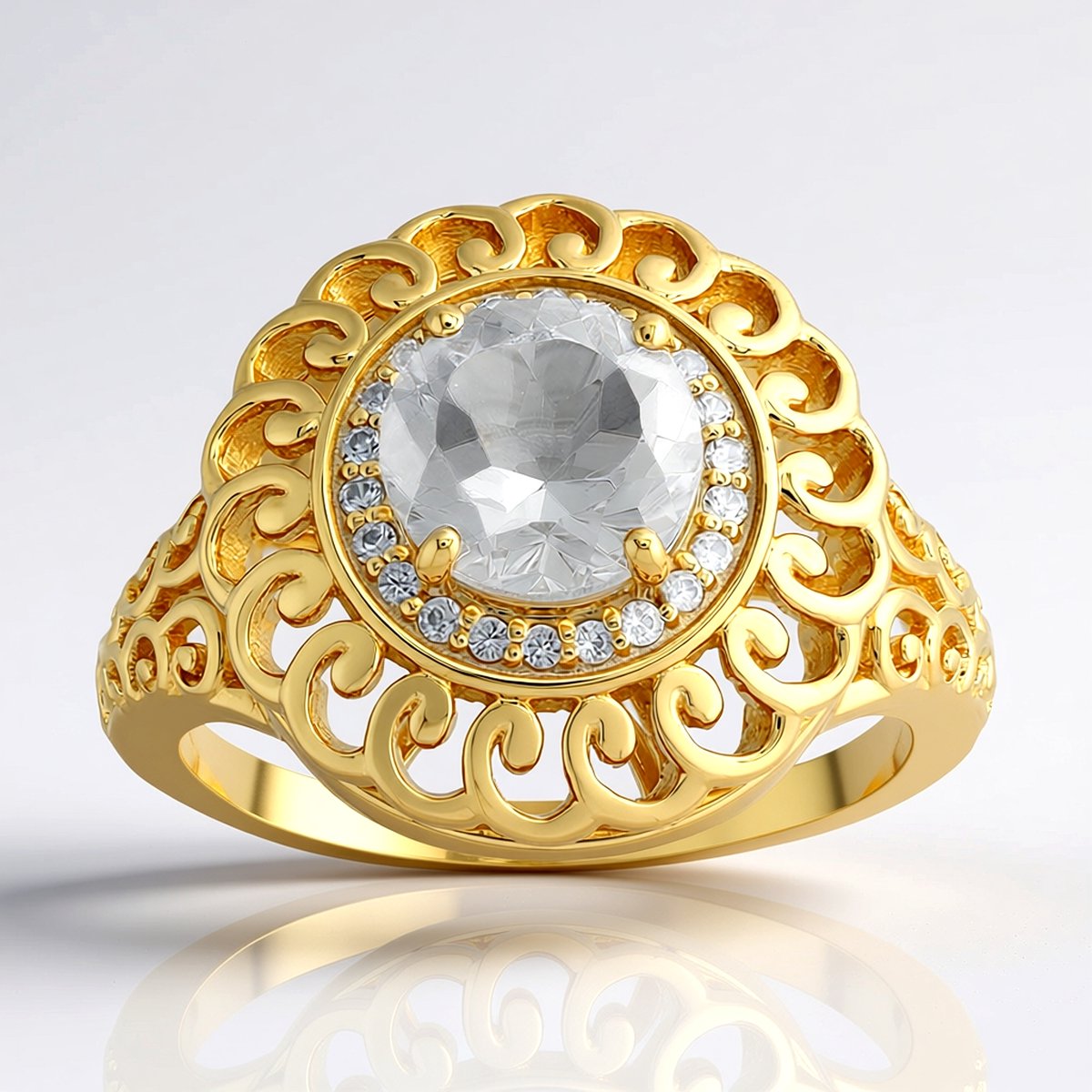 Cavill - Zilveren Ring met 1,244 ct Witte Kwarts uit Brazilië - 925 Sterling Zilver met Goudlaag - Elegant damesring met 22 Zirkonia's in Pavé-zetting