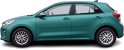 Zijprofiel van een teal-kleurige Kia Rio 4 met zwarte ramen en een zwarte antenne.
